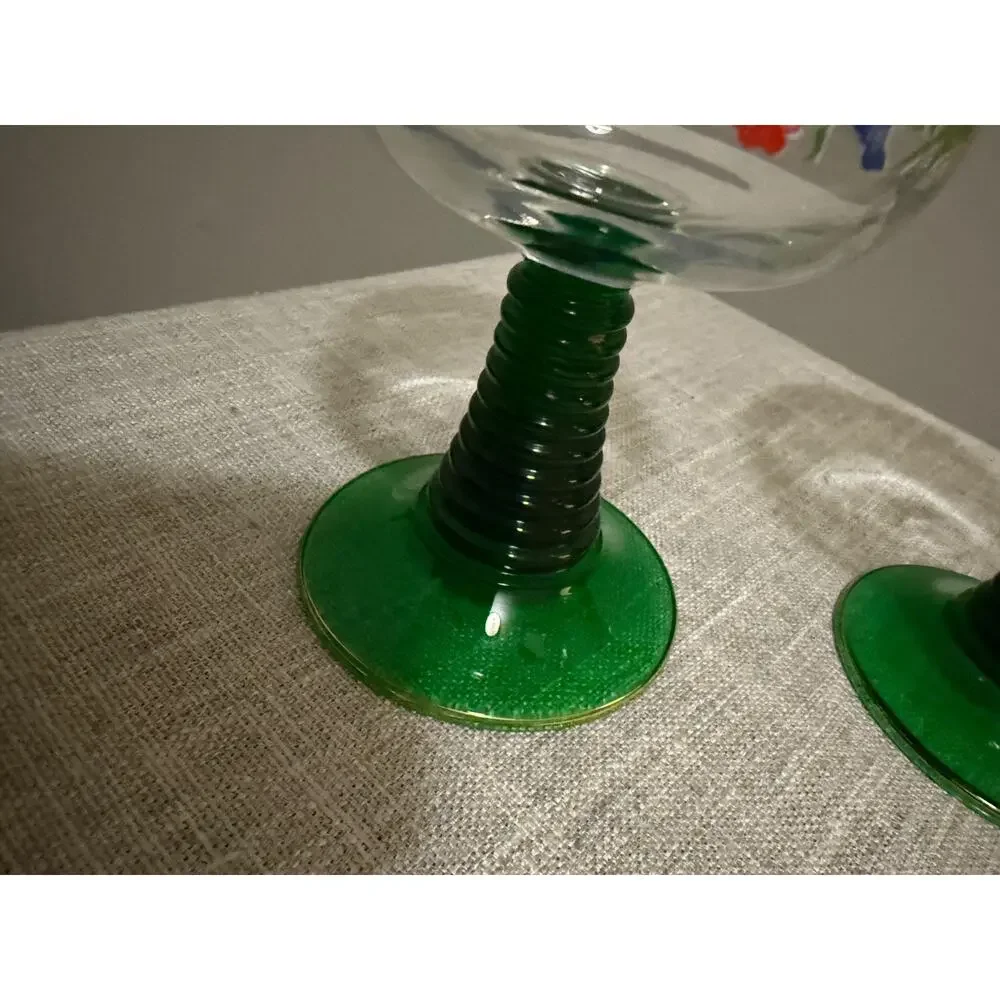 Vintage Hand-Painted Floral Goblets Green Stem Gold Rim Set of 2 – 5.5